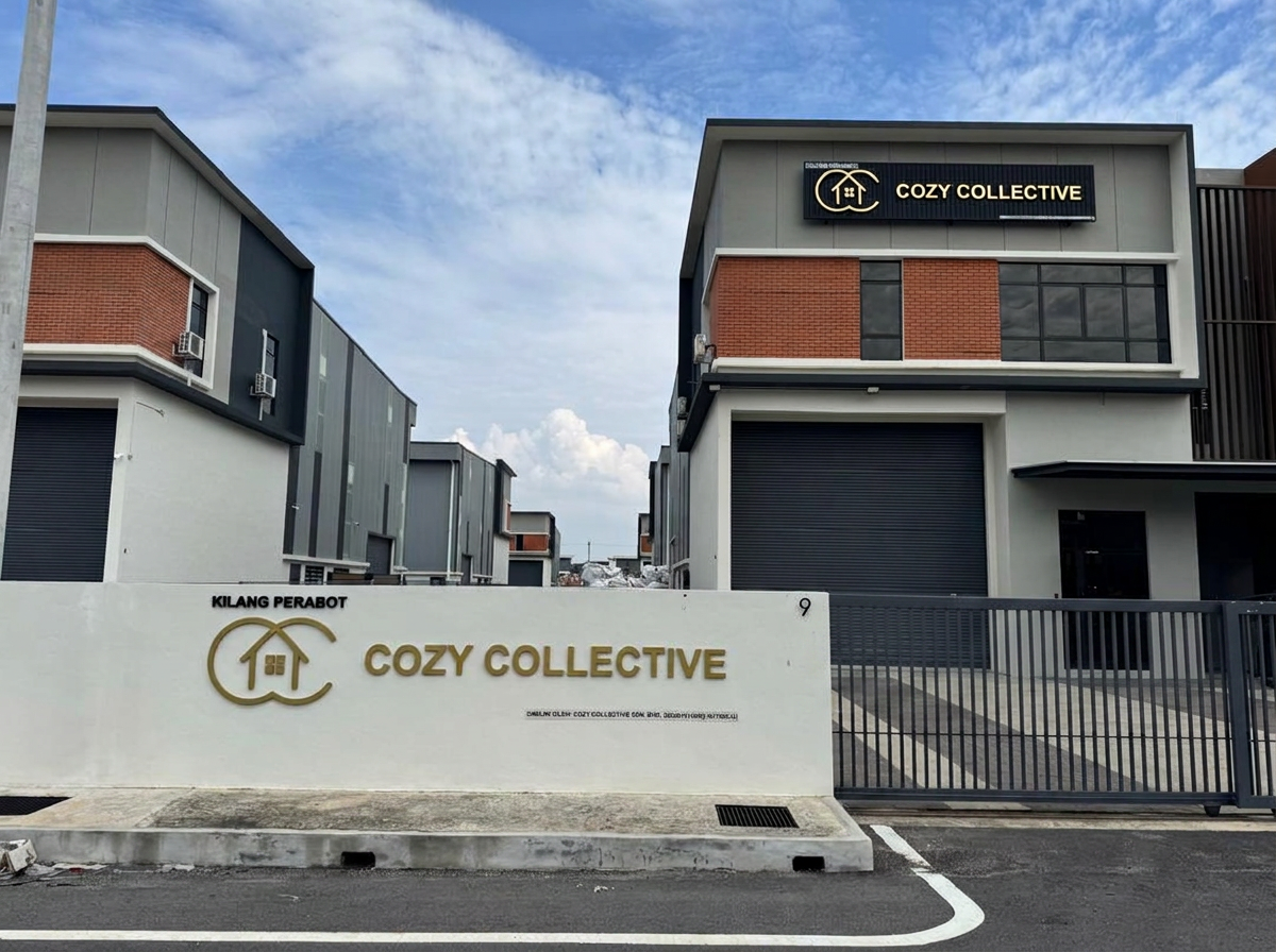 Cozy Collective furniture factory exterior with signage at Palmera Industry, Bukit Minyak, Penang